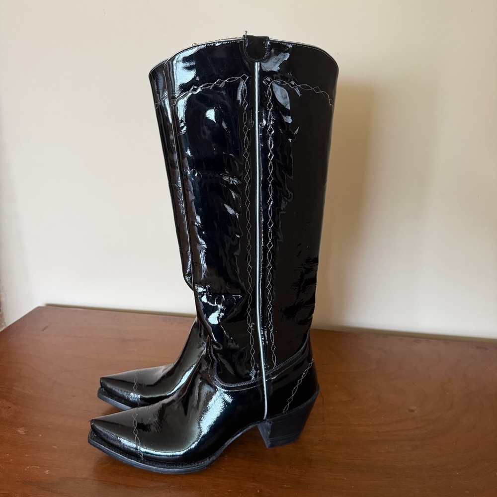 Liberty Boot Co. Black Patent Knee-High Western Boots